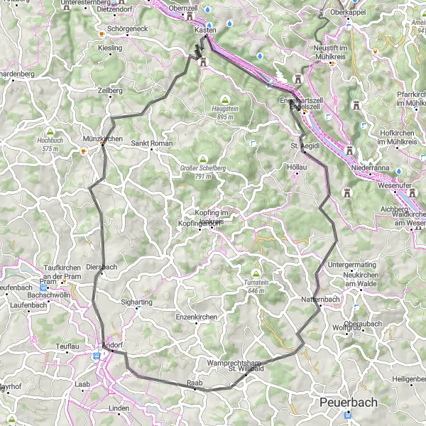 Miniatura della mappa di ispirazione al ciclismo "Sfida delle colline nell'Innkreis" nella regione di Oberösterreich, Austria. Generata da Tarmacs.app, pianificatore di rotte ciclistiche