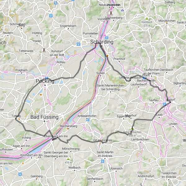 Mapa miniatúra "Okruh cez Schärding a Obernberg am Inn" cyklistická inšpirácia v Oberösterreich, Austria. Vygenerované cyklistickým plánovačom trás Tarmacs.app