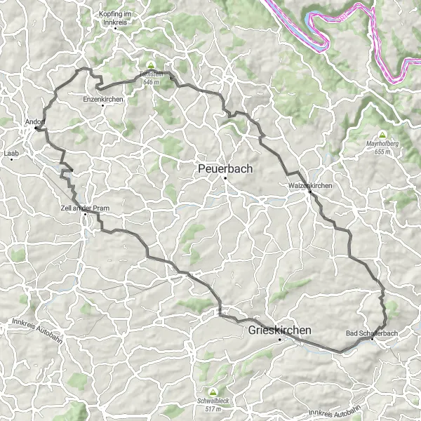 Map miniature of "Andorf Circular Road Route" cycling inspiration in Oberösterreich, Austria. Generated by Tarmacs.app cycling route planner