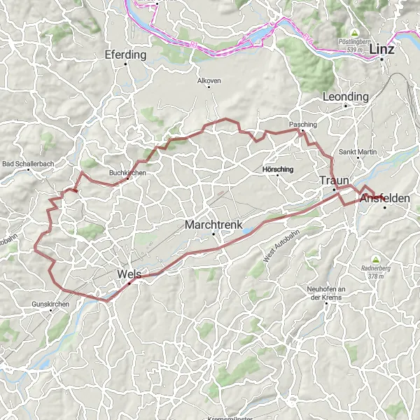 Miniatua del mapa de inspiración ciclista "Exploración Gravel Pucking-Ansfelden" en Oberösterreich, Austria. Generado por Tarmacs.app planificador de rutas ciclistas