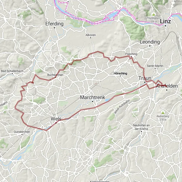 Mapa miniatúra "Gravelová trasa cez Pucking a Buchkirchen" cyklistická inšpirácia v Oberösterreich, Austria. Vygenerované cyklistickým plánovačom trás Tarmacs.app