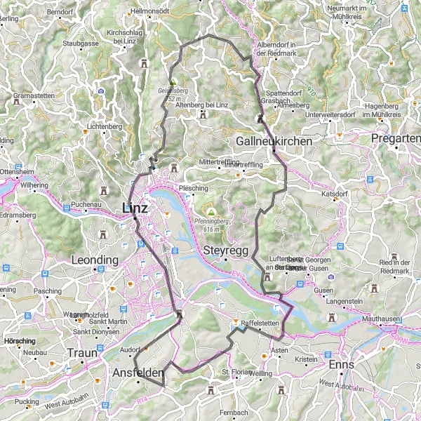 Map miniature of "Linz and Back" cycling inspiration in Oberösterreich, Austria. Generated by Tarmacs.app cycling route planner