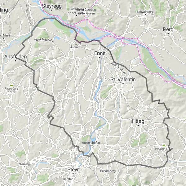 Miniaturní mapa "Výzva na silnici kolem Ansfeldenu" inspirace pro cyklisty v oblasti Oberösterreich, Austria. Vytvořeno pomocí plánovače tras Tarmacs.app