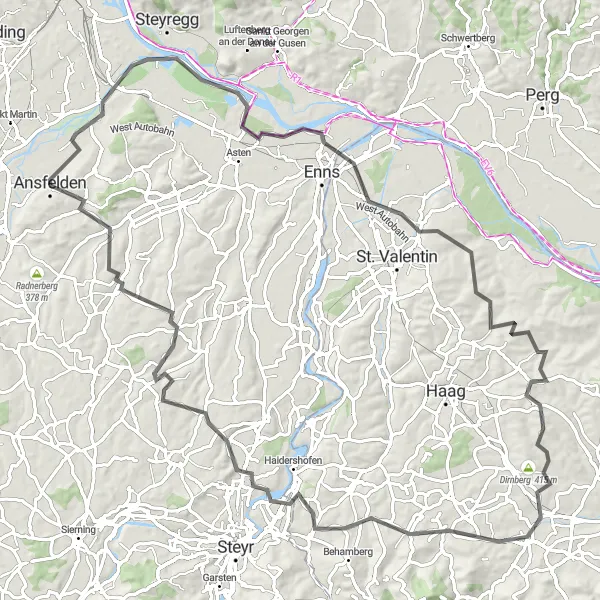 Miniaturekort af cykelinspirationen "Ebelsberg Slot og Natur Road Cycling Route" i Oberösterreich, Austria. Genereret af Tarmacs.app cykelruteplanlægger