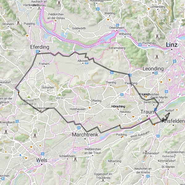 Kartminiatyr av "Skjulte Skatter av Øvre-Østerrike" sykkelinspirasjon i Oberösterreich, Austria. Generert av Tarmacs.app sykkelrutoplanlegger