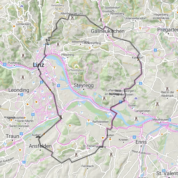 Kartminiatyr av "Linz til Ansfelden Eventyr" sykkelinspirasjon i Oberösterreich, Austria. Generert av Tarmacs.app sykkelrutoplanlegger