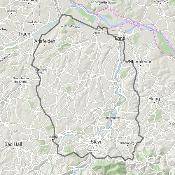 Miniatura della mappa di ispirazione al ciclismo "Percorso ciclistico tra modernità e natura" nella regione di Oberösterreich, Austria. Generata da Tarmacs.app, pianificatore di rotte ciclistiche