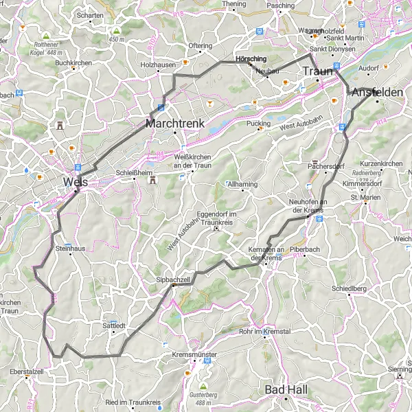 Miniatura della mappa di ispirazione al ciclismo "Scoperta di Zirnberg e Thalheim bei Wels in bicicletta" nella regione di Oberösterreich, Austria. Generata da Tarmacs.app, pianificatore di rotte ciclistiche