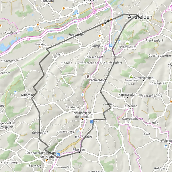 Miniature de la carte de l'inspiration cycliste "Tournée pittoresque Ansfelden-Zirnberg-Pucking" dans la Oberösterreich, Austria. Générée par le planificateur d'itinéraire cycliste Tarmacs.app