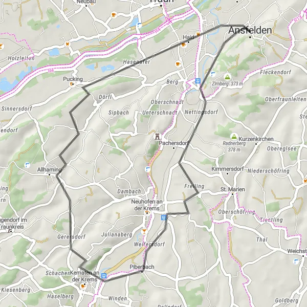 Kartminiatyr av "Kort cykeltur till Zirnberg och Pucking" cykelinspiration i Oberösterreich, Austria. Genererad av Tarmacs.app cykelruttplanerare