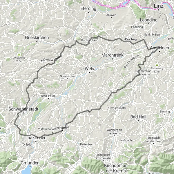 Miniatua del mapa de inspiración ciclista "Aventura Volcánica Traun-Oftering" en Oberösterreich, Austria. Generado por Tarmacs.app planificador de rutas ciclistas