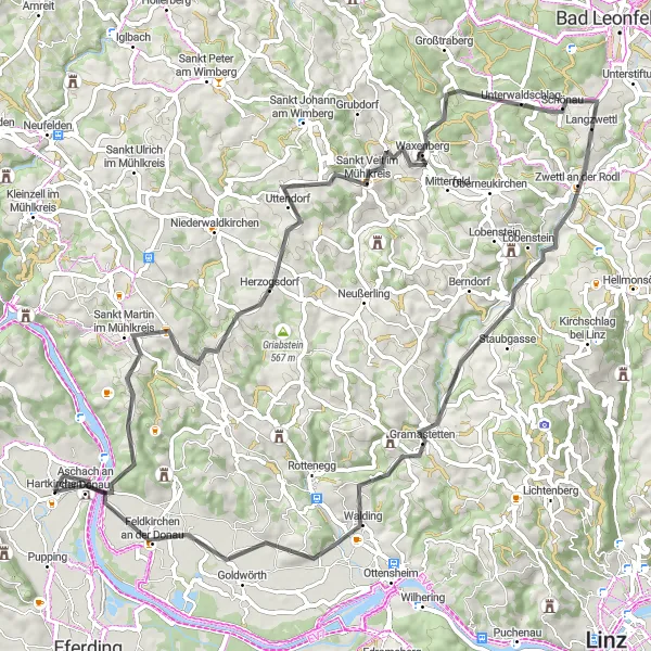 Miniatua del mapa de inspiración ciclista "Ruta Rural por Sankt Veit y más allá" en Oberösterreich, Austria. Generado por Tarmacs.app planificador de rutas ciclistas