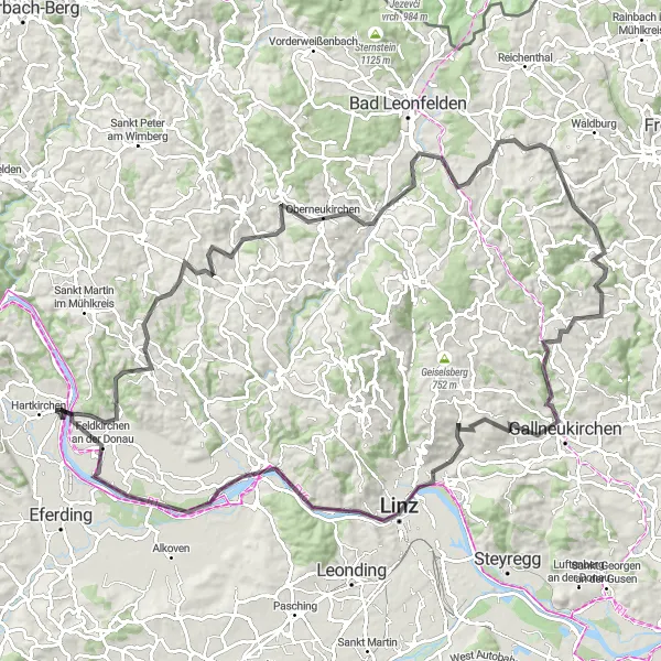 Mapa miniatúra "Náročná cyklotrasa pre horský bicykel s výhľadmi na okolie Aschach an der Donau" cyklistická inšpirácia v Oberösterreich, Austria. Vygenerované cyklistickým plánovačom trás Tarmacs.app