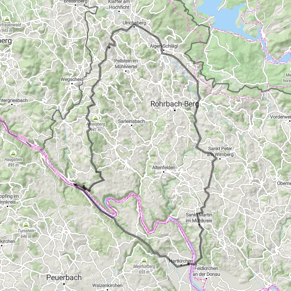 Map miniature of "The Mühlviertler Heights" cycling inspiration in Oberösterreich, Austria. Generated by Tarmacs.app cycling route planner