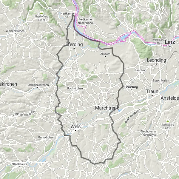 Miniaturní mapa "Cyklotrasa přes Eggendorf im Traunkreis a Schloss Haiding" inspirace pro cyklisty v oblasti Oberösterreich, Austria. Vytvořeno pomocí plánovače tras Tarmacs.app