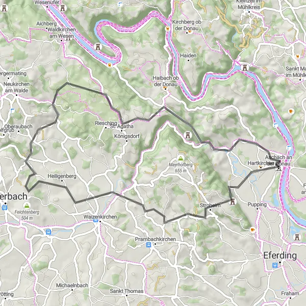 Mapa miniatúra "Krátka cyklotrasa pre horský bicykel s výhľadmi na Aschach an der Donau" cyklistická inšpirácia v Oberösterreich, Austria. Vygenerované cyklistickým plánovačom trás Tarmacs.app