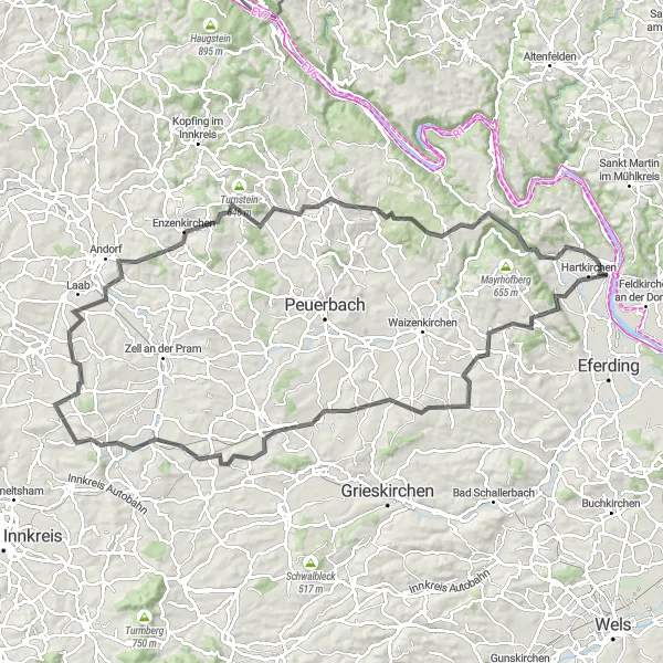 Miniatua del mapa de inspiración ciclista "Ruta escénica por encantadores pueblos" en Oberösterreich, Austria. Generado por Tarmacs.app planificador de rutas ciclistas