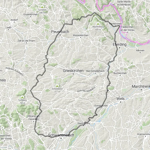 Miniatura della mappa di ispirazione al ciclismo "Esplorazione in bicicletta nei dintorni di Aschach" nella regione di Oberösterreich, Austria. Generata da Tarmacs.app, pianificatore di rotte ciclistiche