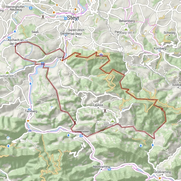 Miniatura della mappa di ispirazione al ciclismo "Avventura gravel attraverso Schwarzberg e Losenstein" nella regione di Oberösterreich, Austria. Generata da Tarmacs.app, pianificatore di rotte ciclistiche