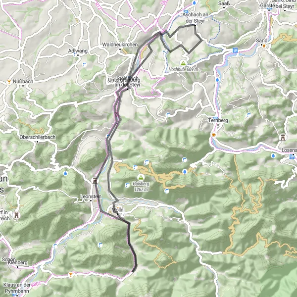 Miniatua del mapa de inspiración ciclista "Excursión escénica por carretera hacia Aschach Schule" en Oberösterreich, Austria. Generado por Tarmacs.app planificador de rutas ciclistas