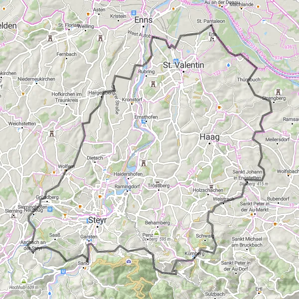 Miniatura della mappa di ispirazione al ciclismo "Tour panoramico da Wolfern a Garsten" nella regione di Oberösterreich, Austria. Generata da Tarmacs.app, pianificatore di rotte ciclistiche