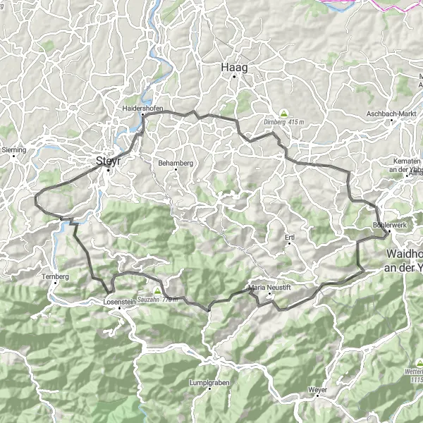 Miniature de la carte de l'inspiration cycliste "Voyage à travers Steyr" dans la Oberösterreich, Austria. Générée par le planificateur d'itinéraire cycliste Tarmacs.app