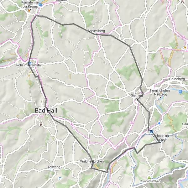 Miniatua del mapa de inspiración ciclista "Ruta de ciclismo de carretera Bad Hall - Schiedlberg" en Oberösterreich, Austria. Generado por Tarmacs.app planificador de rutas ciclistas