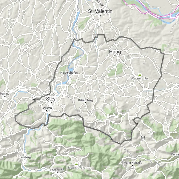 Map miniature of "Steyr Loop via Ernsthofen and Seitenstetten" cycling inspiration in Oberösterreich, Austria. Generated by Tarmacs.app cycling route planner