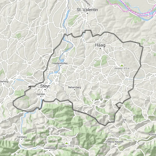 Zemljevid v pomanjšavi "Raznoliko cestno kolesarjenje po Spodnji Avstriji" kolesarske inspiracije v Oberösterreich, Austria. Generirano z načrtovalcem kolesarskih poti Tarmacs.app