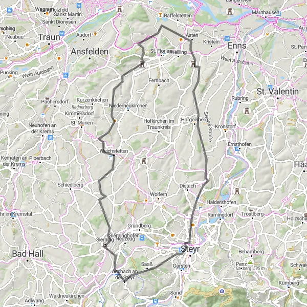 Zemljevid v pomanjšavi "Raznolika kolesarska avantura v okolici Aschach Prehofersiedlung" kolesarske inspiracije v Oberösterreich, Austria. Generirano z načrtovalcem kolesarskih poti Tarmacs.app