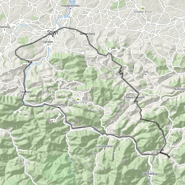 Miniature de la carte de l'inspiration cycliste "Tour des châteaux dans la vallée de la Steyr" dans la Oberösterreich, Austria. Générée par le planificateur d'itinéraire cycliste Tarmacs.app