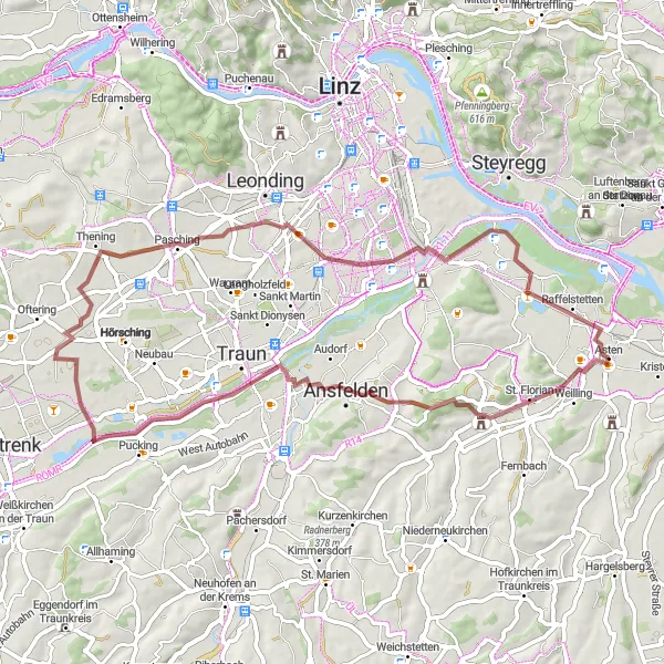 Miniatura della mappa di ispirazione al ciclismo "Esplorazione in bicicletta delle strade di ghiaia della zona" nella regione di Oberösterreich, Austria. Generata da Tarmacs.app, pianificatore di rotte ciclistiche