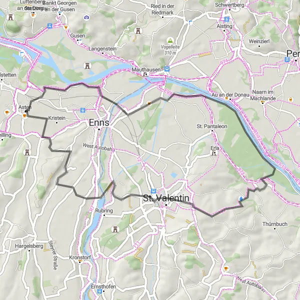 Karten-Miniaturansicht der Radinspiration "Eine entspannte 45 km lange Straßenradtour durch die Umgebung von Asten" in Oberösterreich, Austria. Erstellt vom Tarmacs.app-Routenplaner für Radtouren