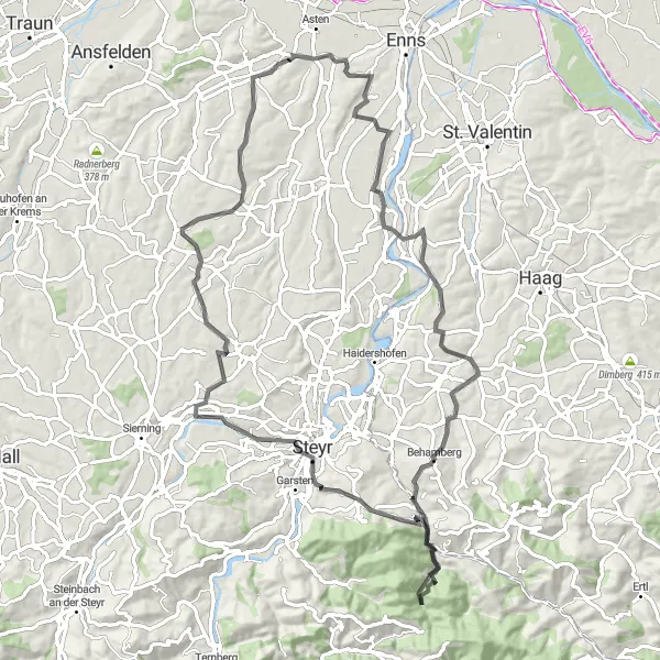 Miniatua del mapa de inspiración ciclista "Ruta de ciclismo desafiante por Kronstorf y Hofkirchen im Traunkreis" en Oberösterreich, Austria. Generado por Tarmacs.app planificador de rutas ciclistas