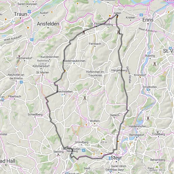 Zemljevid v pomanjšavi "Raziskovanje zgodovinskih znamenitosti" kolesarske inspiracije v Oberösterreich, Austria. Generirano z načrtovalcem kolesarskih poti Tarmacs.app