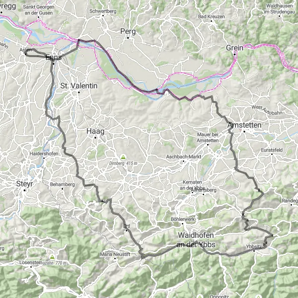 Miniaturekort af cykelinspirationen "Historisk Rundtur fra Enns til Waidhofen an der Ybbs" i Oberösterreich, Austria. Genereret af Tarmacs.app cykelruteplanlægger