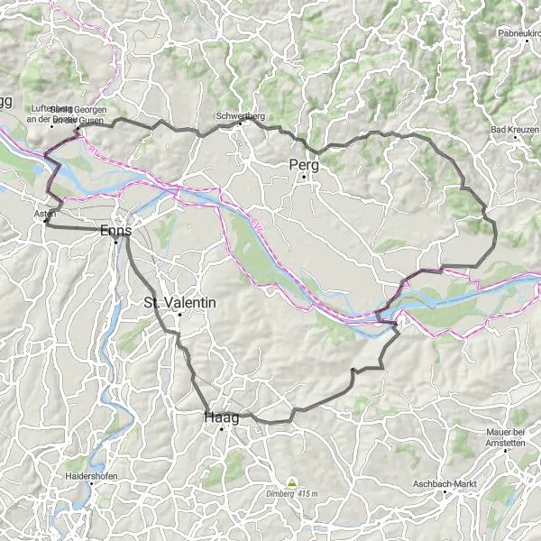 Map miniature of "Asten - Mitterkirchen Loop" cycling inspiration in Oberösterreich, Austria. Generated by Tarmacs.app cycling route planner