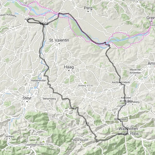 Miniaturní mapa "Trasa kolem Asten" inspirace pro cyklisty v oblasti Oberösterreich, Austria. Vytvořeno pomocí plánovače tras Tarmacs.app