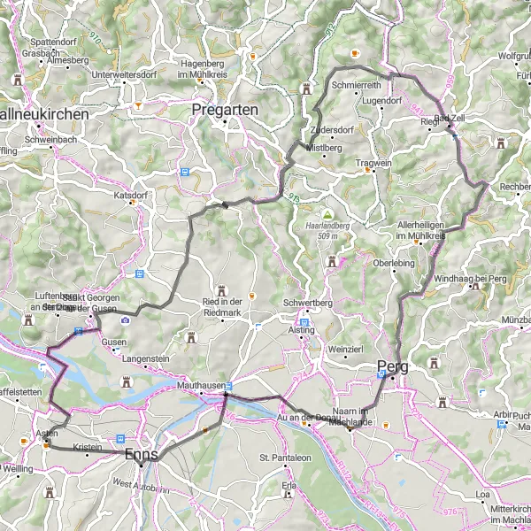 Kartminiatyr av "Historiske perler i Machland-regionen" sykkelinspirasjon i Oberösterreich, Austria. Generert av Tarmacs.app sykkelrutoplanlegger