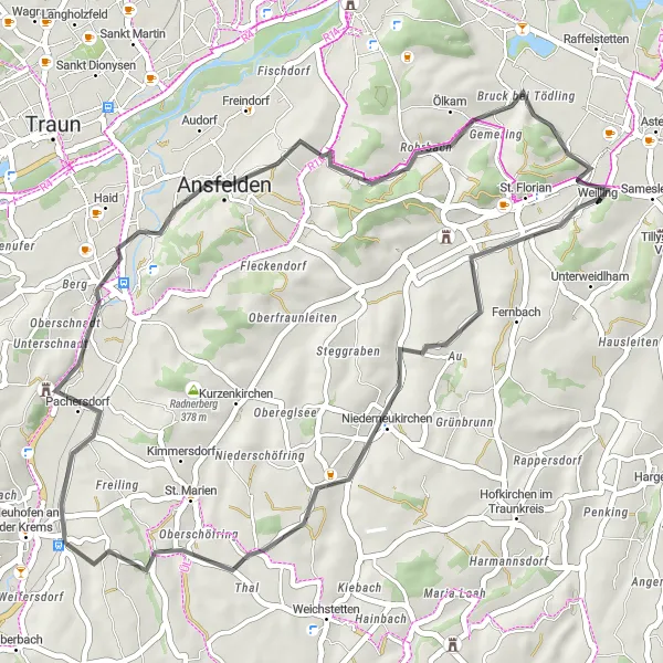Miniatua del mapa de inspiración ciclista "Ruta de ciclismo de carretera Niederneukirchen - Klangvulkan" en Oberösterreich, Austria. Generado por Tarmacs.app planificador de rutas ciclistas
