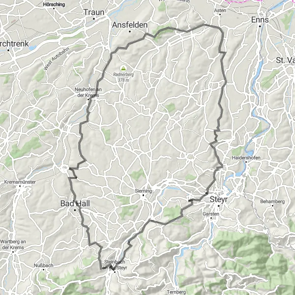 Miniaturní mapa "Cyklistická výzva" inspirace pro cyklisty v oblasti Oberösterreich, Austria. Vytvořeno pomocí plánovače tras Tarmacs.app