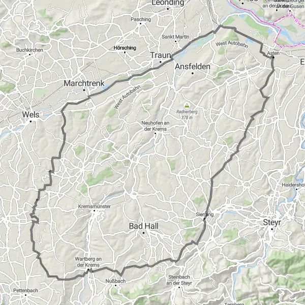 Miniature de la carte de l'inspiration cycliste "Tour de Traunkreis" dans la Oberösterreich, Austria. Générée par le planificateur d'itinéraire cycliste Tarmacs.app