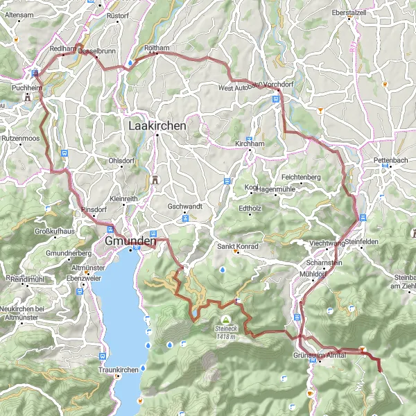 Miniatura della mappa di ispirazione al ciclismo "Giro in Gravel attraverso le Alture dell'Oberösterreich" nella regione di Oberösterreich, Austria. Generata da Tarmacs.app, pianificatore di rotte ciclistiche