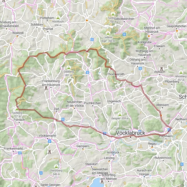 Miniatua del mapa de inspiración ciclista "Ruta de Grava de Attnang-Puchheim" en Oberösterreich, Austria. Generado por Tarmacs.app planificador de rutas ciclistas