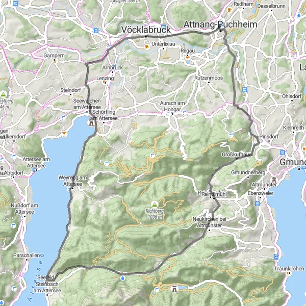 Mapa miniatúra "Jazda okolo Attnang-Puchheim" cyklistická inšpirácia v Oberösterreich, Austria. Vygenerované cyklistickým plánovačom trás Tarmacs.app