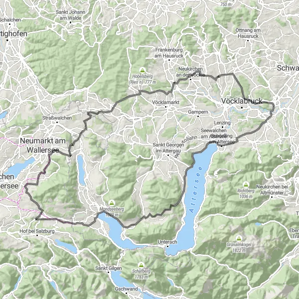 Miniatuurkaart van de fietsinspiratie "Attersee en Mondsee Rondweg" in Oberösterreich, Austria. Gemaakt door de Tarmacs.app fietsrouteplanner