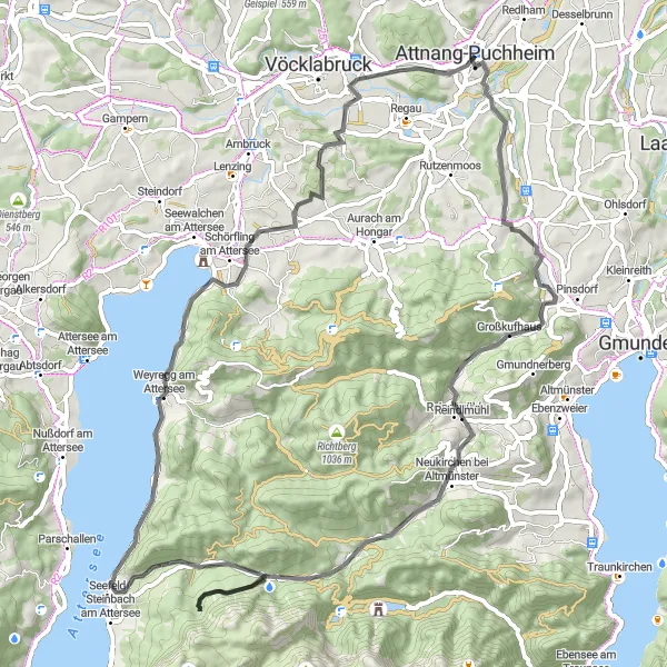 Miniaturní mapa "Cyklotrasa kolem Vöcklabergu a Attersee" inspirace pro cyklisty v oblasti Oberösterreich, Austria. Vytvořeno pomocí plánovače tras Tarmacs.app
