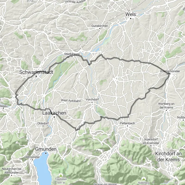 Karttaminiaatyyri "Traunsee ja Attersee - Maantiepyöräilyreitti" pyöräilyinspiraatiosta alueella Oberösterreich, Austria. Luotu Tarmacs.app pyöräilyreittisuunnittelijalla