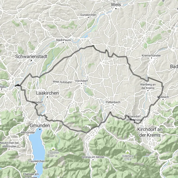 Mapa miniatúra "Road tour Traun" cyklistická inšpirácia v Oberösterreich, Austria. Vygenerované cyklistickým plánovačom trás Tarmacs.app