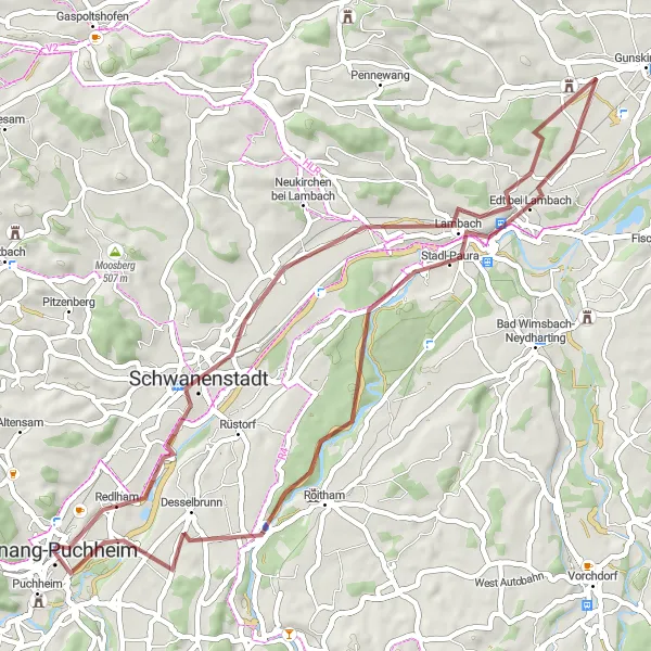 Zemljevid v pomanjšavi "Raznolika gravel pot skozi podeželje" kolesarske inspiracije v Oberösterreich, Austria. Generirano z načrtovalcem kolesarskih poti Tarmacs.app